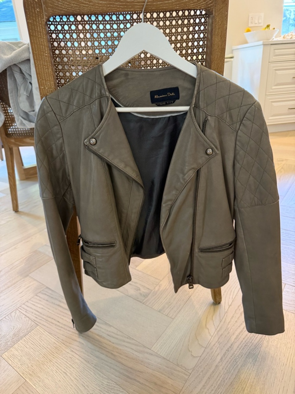 Massimo Dutti Quilted Leather Moto Jacket in Olive